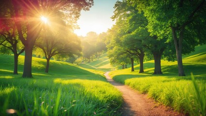 Obraz premium Sunny day in the park with bright sunshine. Sunlight shines on the green grass and trees.