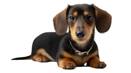 Dachshund Portrait: A charming dachshund with a sleek black and tan coat, floppy ears, and a captivating gaze sits attentively, showcasing its adorable features and playful character.