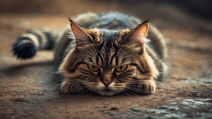 Naklejka premium An angry cat is lying on the ground while hungry.