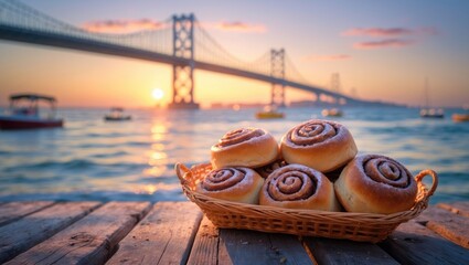A cozy seaside break featuring a cinnamon bun at sunset, a classic pastry.