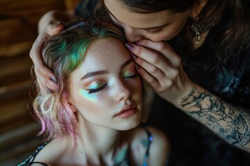 Fototapeta premium Intimate portrait of a woman with colorful hair and glitter makeup being lovingly caressed by another woman.