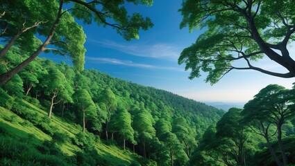 Obraz premium Expansive view of trees on a verdant slope beneath a clear, unclouded sky.