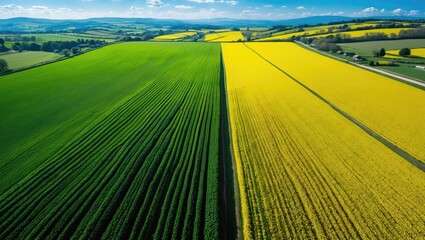 Obraz premium Aerial view of the divide between green and yellow agricultural fields. Overhead perspective of two fields. Rural scenery in the countryside. Agricultural nature backdrop. Farmland areas.