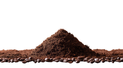 Ground Coffee Beans: A captivating overhead perspective reveals a carefully composed pile of rich, aromatic ground coffee beans, evoking the essence of a freshly brewed morning ritual.