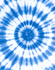 A vibrant blue tie-dye pattern spirals outward, creating a visually striking effect with a blend of deep and light tones