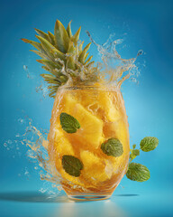 Pineapple juice splash with fresh mint leaves and pineapple chunks in glass, vibrant and refreshing tropical drink on blue background