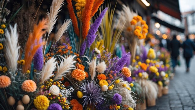 Easter market features traditional verbos palms for sale.