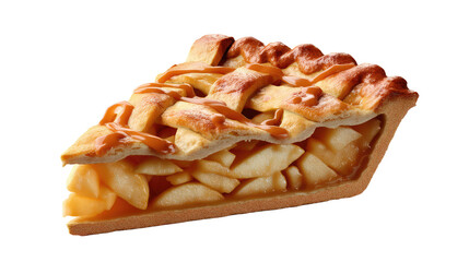 Apple Pie Slice: A mouthwatering slice of golden-brown apple pie, a symphony of crisp crust, tender apples, and a glistening drizzle of caramel, showcasing the epitome of comfort food.