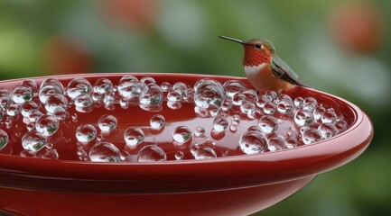 Obraz premium Hummingbird at Water Bowl Surrounded by Bubbles