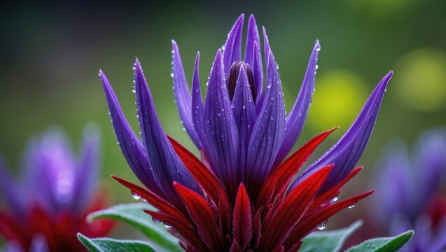 Elegant purple and red flower with dew drops growing on African Sage on a mountain plateau