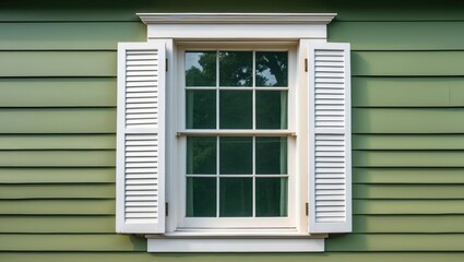 A double-hung window within a retro-style structure that has a green outer wall. The building's siding is made of sleek, horizontal clapboard. The shuttered window is adorned with white wooden trim
