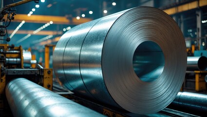 Roll of galvanized steel sheets in cutting equipment. Production environment for metal tubing and pipe fabrication.