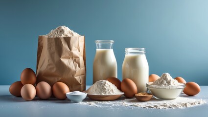 Background featuring an assortment of baking ingredients such as milk, flour, and eggs for tasty healthy dairy content