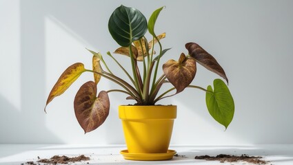 Diseases and Pests: Proper Care for Anthurium Houseplants Isolated on White, Plant Diseases, Leaf Spots or Wilting, Yellow Leaves of the Plant.