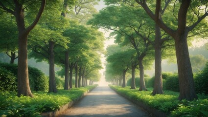 Obraz premium A serene trail enveloped by vibrant foliage and towering trees, beckoning a calming walk in a natural environment