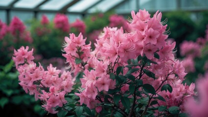 Fototapeta premium Azalea bush in greenhouse with pink flowers.