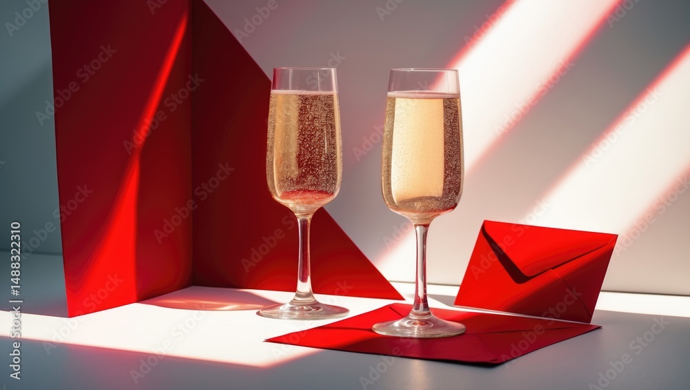 Poster Two sparkling wine glasses beside a red paper envelope on a geometric backdrop with strong light shadows.