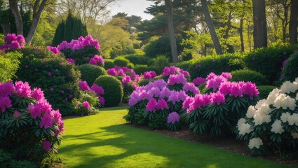 Obraz premium Rhododendron Azalea Shrubs and Trees in a Gorgeous Sunny Garden