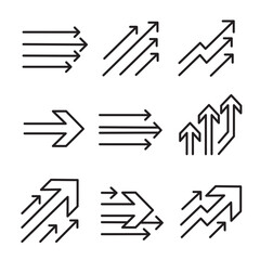 Business success arrow pointers outline icon set isolated on white background. Economy money cryptocurrency stock market growth
