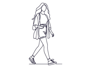 Fototapeta premium Elegant One-Line Drawings of Women Walking in Fashionable Outfits – Minimalist Female Line Art Illustration Set.