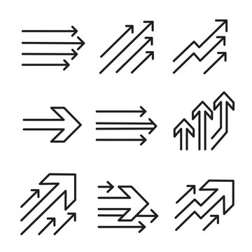Business success arrow pointers outline icon set isolated on white background. Economy money cryptocurrency stock market growth