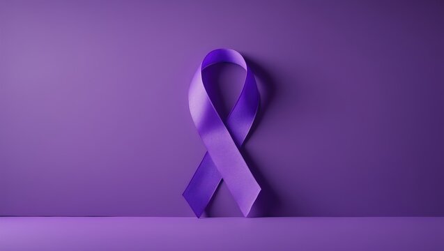 Purple ribbon against a purple background. Awareness for cancer protection. Concept. Blank space.