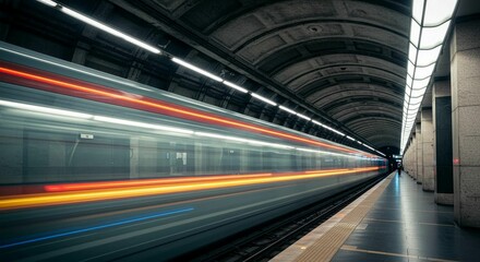 Obraz premium Fast-moving train blurs through a modern underground subway station with bright lights.