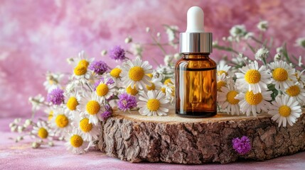 Essential Oil Bottle with Chamomile Flowers on Wooden Slice