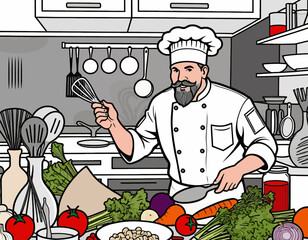 Chef Cooking with Fresh Vegetables - Restaurant Kitchen Scene - Culinary Arts Illustration - Healthy Food Preparation- Cartoon Chef in Professional Kitchen