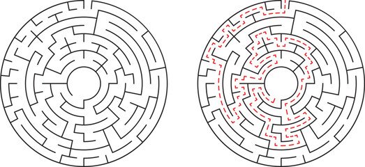 Complex circular maze with solution showing route through puzzles for conceptual design