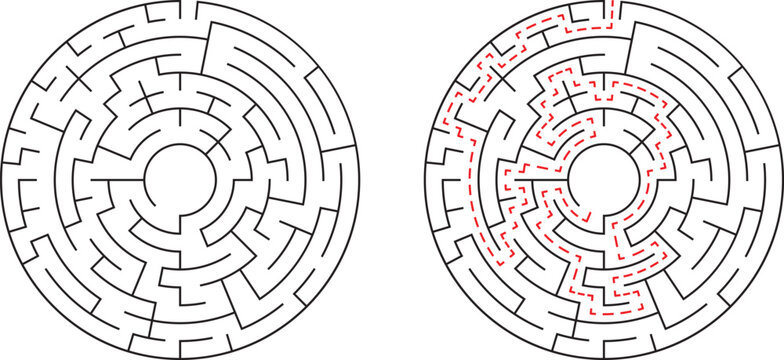 Complex circular maze with solution showing route through puzzles for conceptual design
