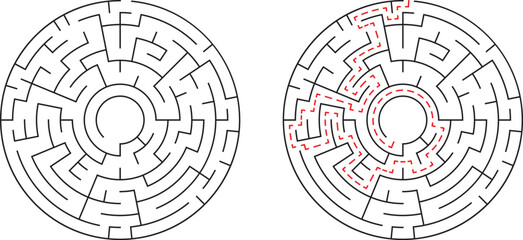 Circular maze puzzle with solved path shown in red color for problem solving