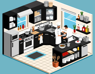 Isometric Kitchen Illustration-Chefs Preparing Food-Modern Kitchen Design-Black Cabinets and Appliances-Culinary Scene-Creative Kitchen Interior-Food Preparation-Professional Chefs-Contemporary 
