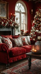 Cozy living room decorated for the holidays with a red velvet couch and festive decor