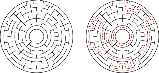 Circular maze illustration with unsolved puzzle alongside the marked correct path solution