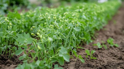 Obraz premium Green pea plants in rows across a fertile field