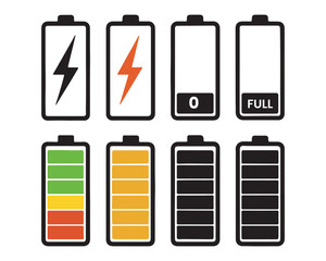 Battery icon set. Battery Full charge indicator or low charge sign,Battery Charging indicator in thin line and flat icon collection. Vector illustration