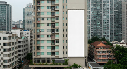 Blank Vertical Billboard on Urban Residential Building in Cityscape