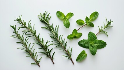 Obraz premium Mint and rosemary sprig set against a backdrop