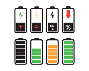 Battery icon set. Battery Full charge indicator or low charge sign,Battery Charging indicator in thin line and flat icon collection. Vector illustration