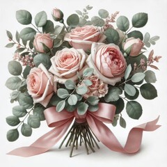 Vintage blush and white roses bouquet wrapping pink silk bow isolated on white background, Wedding bouquet