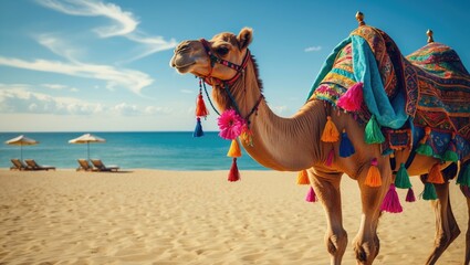 Camel on sandy coastline