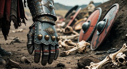 Steel gauntlet in dirt beside scorched shields and scattered bones