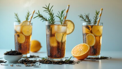 Fototapeta premium Refreshing black tea with lemon in glasses on a bright background