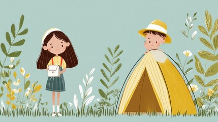 Two children, girl and boy, near a tent in a grassy field