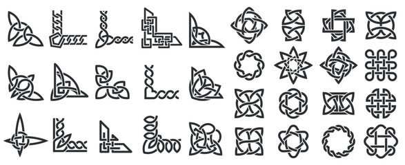 Celtic ornamental corners. Irish border frame of knotted ornate traditional Celtic decoration, knot corner elements, fancy page framing medieval design art. Vector isolated set