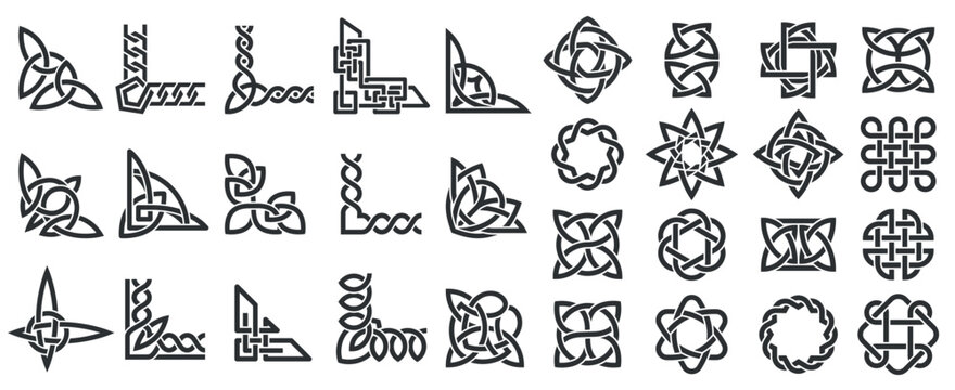 Celtic ornamental corners. Irish border frame of knotted ornate traditional Celtic decoration, knot corner elements, fancy page framing medieval design art. Vector isolated set