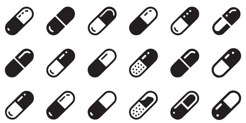Capsule Pill Variations Line Art Illustrations, Collection of Various Capsule Pill Icons Black and White, 