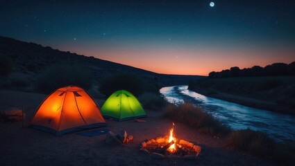 Camping scene featuring orange and green tents by the riverside at night.