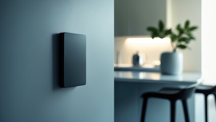 Grey wall with black light switch in a modern kitchen, featuring a black bar stool, various appliances, different furniture elements, and a potted plant in the fuzzy background